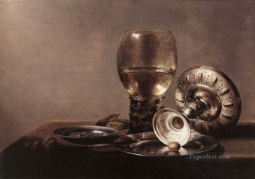 Cuenco Pintura - Naturaleza muerta con copa de vino y cuenco de plata Pieter Claesz